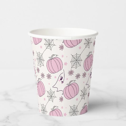 Gobelets En Papier Pastel Pink Halloween Motif sans couture (4) (Droite)