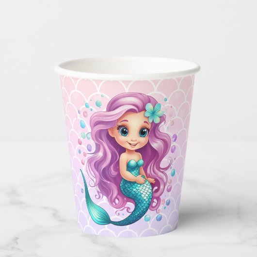 Gobelets En Papier Pastel Purple Petite Sirène Aquarelle Anniversaire (Recto)
