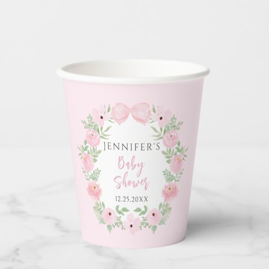 Gobelets En Papier Pastel rose fleuri wreath boho bébé douche (Recto)