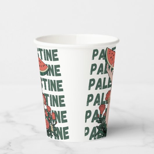 Gobelets En Papier pastèque, fleurs et palestine Texte Répéter (Gauche)
