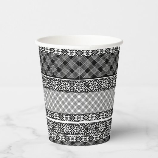 Gobelets En Papier Patchwork rayé noir et blanc avec dentelle (Droite)