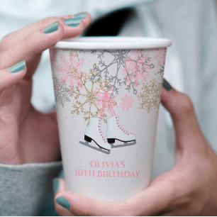 Gobelets En Papier Patinage d'anniversaire Flocons de neige rose or
