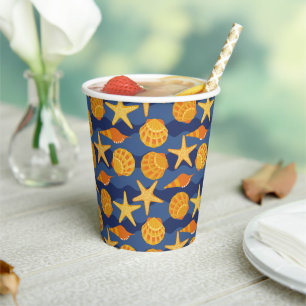 Gobelets En Papier Patters bleus et orange Seashell