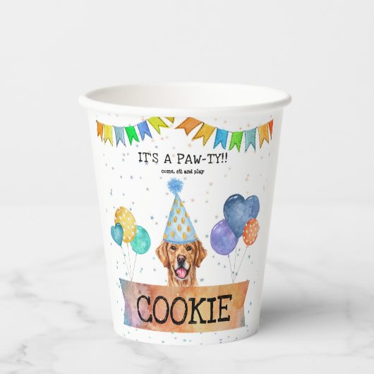 Gobelets En Papier Pawty Golden Retriever Chien Chiot Chiot Anniversa (Recto)