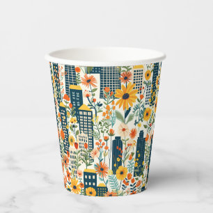 Gobelets En Papier Paysage urbain moderne Fleurs sauvages Cottagecore
