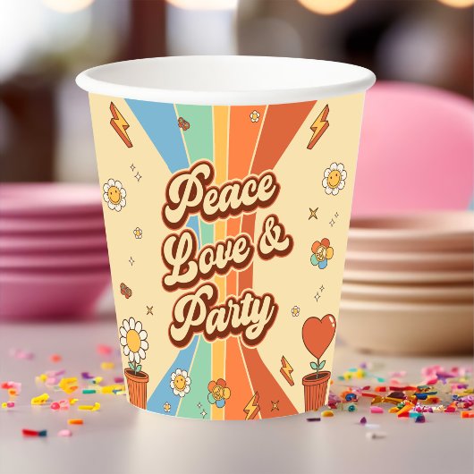 Gobelets En Papier Peace Love Party Retro Rainbow 6e anniversaire