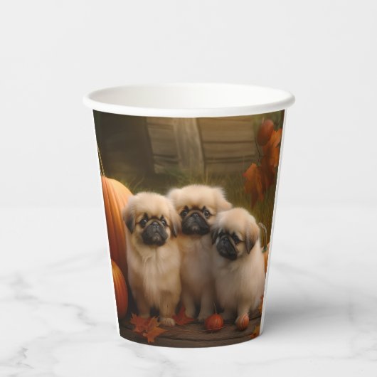 Gobelets En Papier Pekingese Chiot Automne Citrouille délice (Verso)