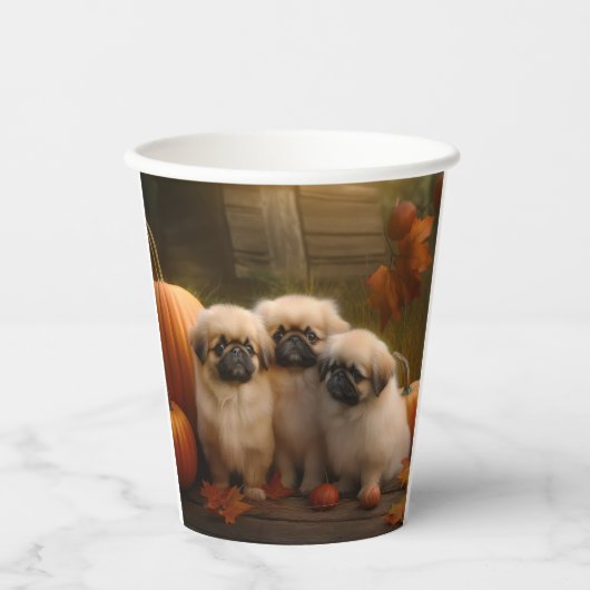Gobelets En Papier Pekingese Chiot Automne Citrouille délice (Recto)