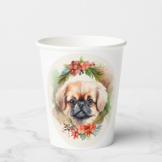Gobelets En Papier Pekingese Christmas Wreath Festive Pup (Verso)