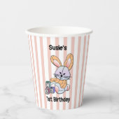 Gobelets En Papier Pépinière à rayures roses personnalisées - Lapin (Recto)