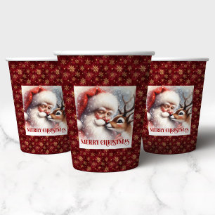 Gobelets En Papier Père Noël à l'aquarelle et Rudolph Noël classique
