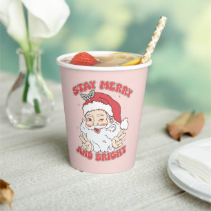 Gobelets En Papier Père Noël rose Vintage "Restez Joyeux et lumineux"