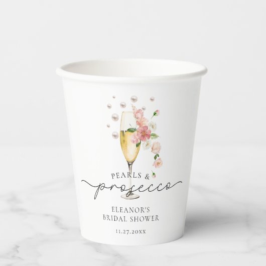 Gobelets En Papier Perles roses blanches et Fête des mariées Prosecco (Recto)