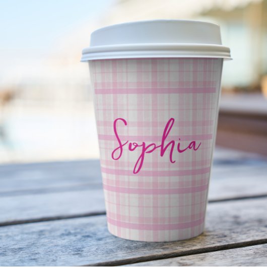 Gobelets En Papier Personalized Pink Plaid Paper Cups with Name 