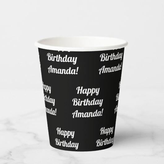 Gobelets En Papier Personnalisable Joyeux Texte d'anniversaire | Noir (Recto)