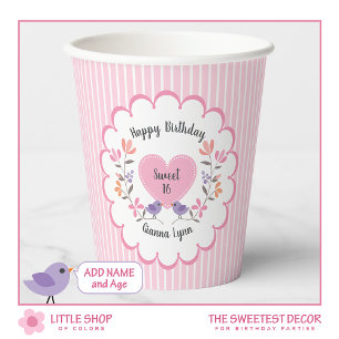 Gobelets En Papier Personnalisable Rose Floral Sweet 16 Anniversaire