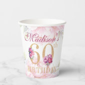 Gobelets En Papier Personnalisé 60e anniversaire Floral Pink Gold Par (Recto)