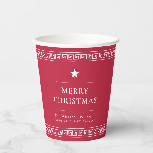 Gobelets En Papier Personnalisé Nom de famille Élégant Red Christmas  (Recto)