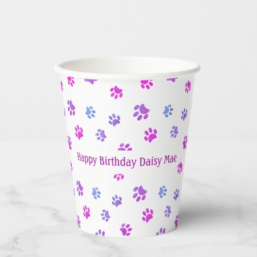 Gobelets En Papier Personnalisé rose violet Empreintes de pattes Anim (Recto)