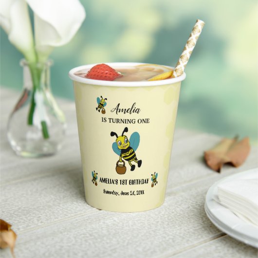 Gobelets En Papier Personnalisé thème de l'abeille 1er fête d'anniver (Insitu)