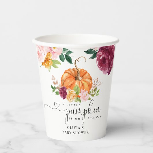 Gobelets En Papier Petit baby shower citrouille à fleurs bordeaux (Recto)