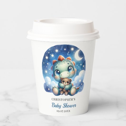 Gobelets En Papier Petit bébé dinosaure serrant l'ours dans la nuit é (Verso)