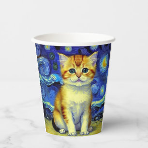 Gobelets En Papier Petit Chat Mignon Nuit Étoilée Van Gogh