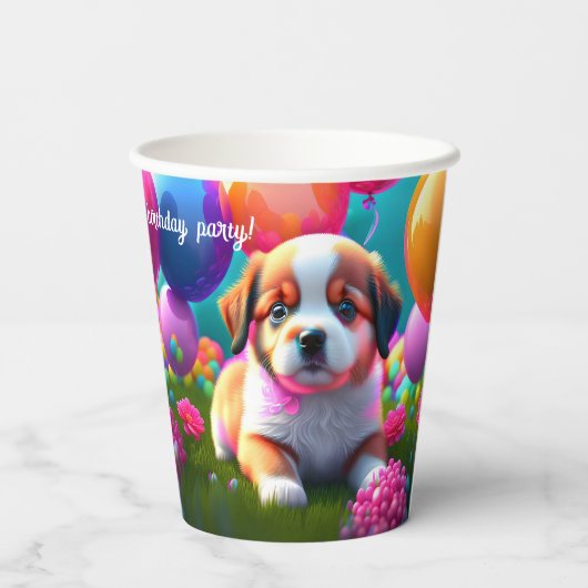 Gobelets En Papier Petit chiot avec ballons - anniversaire (Verso)