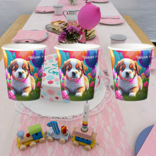 Gobelets En Papier Petit chiot avec ballons - anniversaire