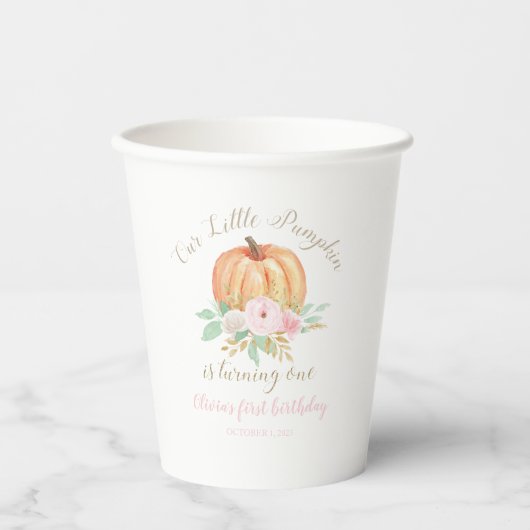 Gobelets En Papier Petit Citrouille or rose de premier anniversaire (Recto)