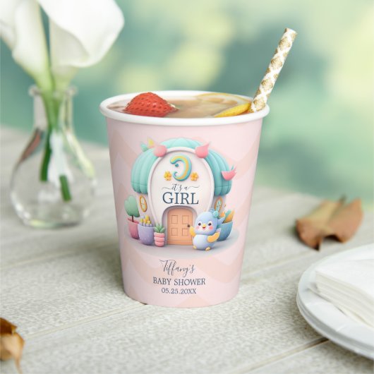 Gobelets En Papier Petite maison avec dragon Baby shower fille (Insitu)