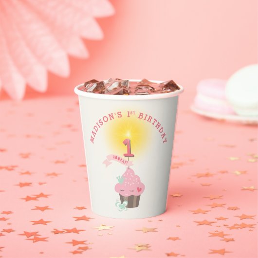 Gobelets En Papier Petite Miss Pink Cupcake Fille 1er anniversaire (Insitu)