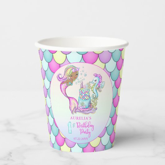 Gobelets En Papier Petite Sirène de Couleur - Fille 1er Anniversaire (Recto)