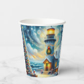 Gobelets En Papier Phare de Noël Arbre Nautique Bleu Côtier (Verso)