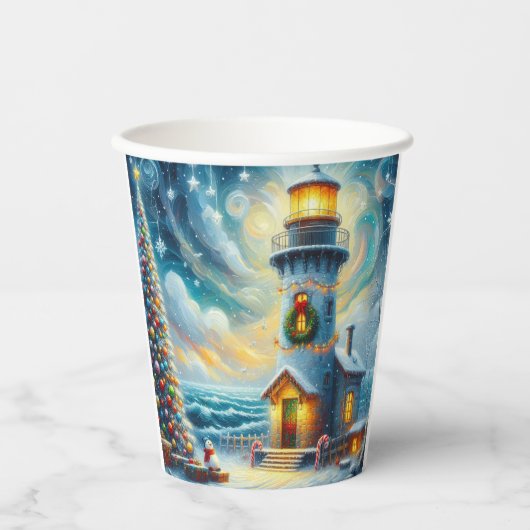Gobelets En Papier Phare de Noël Arbre Nautique Bleu Côtier (Recto)
