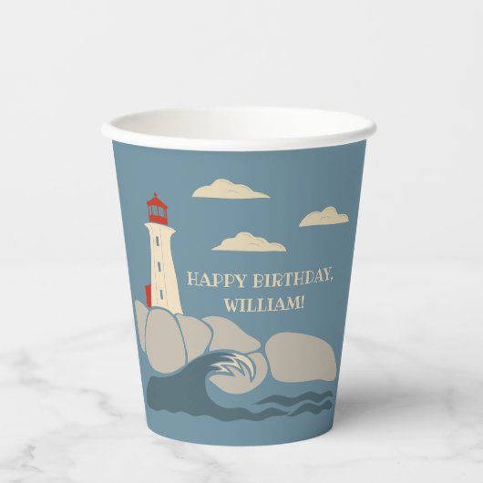 Gobelets En Papier Phare sur une côte rocheuse (Recto)