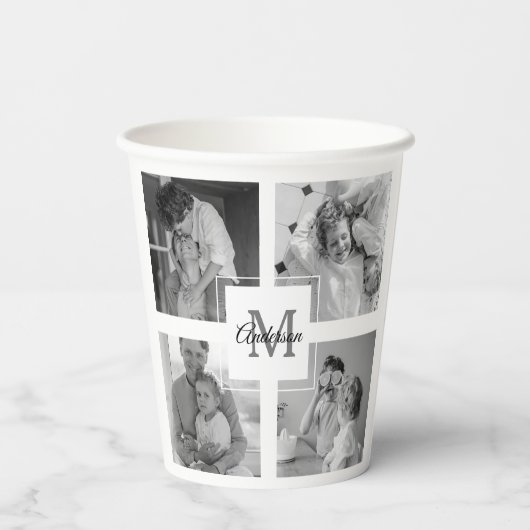 Gobelets En Papier Photo Famille Collage tendance Noir & Blanc Initia (Verso)