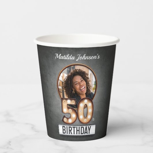 Gobelets En Papier Photo personnalisée 50e anniversaire Marquee Glamo (Verso)