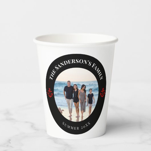 Gobelets En Papier Photo personnalisée en Cercle noir avec Ancre roug (Verso)