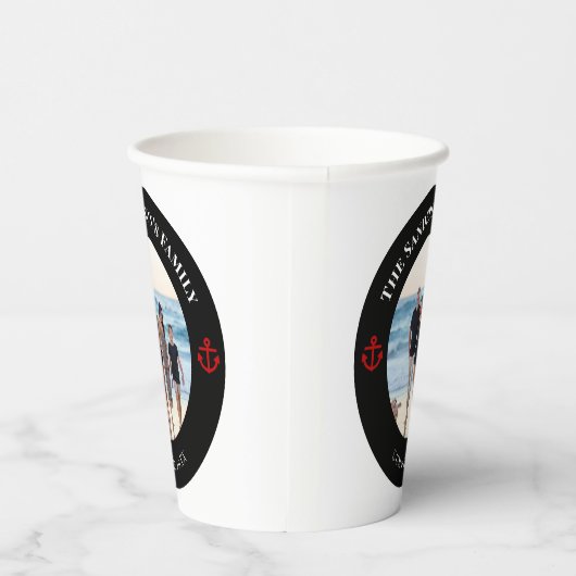 Gobelets En Papier Photo personnalisée en Cercle noir avec Ancre roug (Droite)