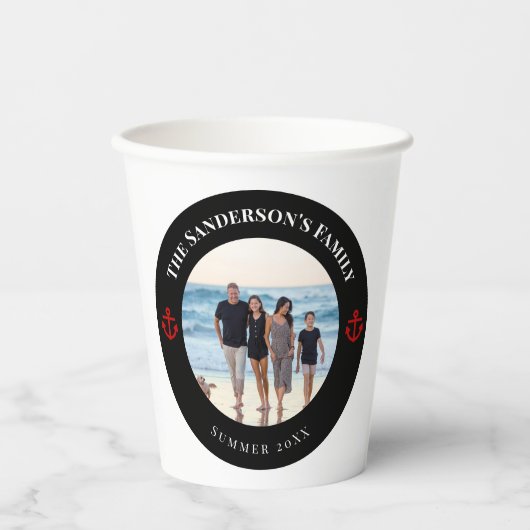 Gobelets En Papier Photo personnalisée en Cercle noir avec Ancre roug (Recto)