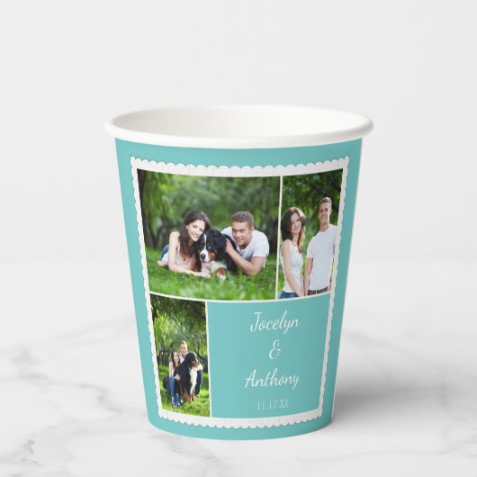 Gobelets En Papier Photo personnalisée Turquoise bleu et blanc Mariag (Verso)