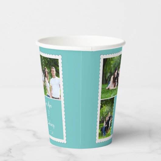 Gobelets En Papier Photo personnalisée Turquoise bleu et blanc Mariag (Droite)
