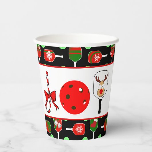 Gobelets En Papier Pickleball Joie fête de Noël Rouge Vert sur Noir (Verso)