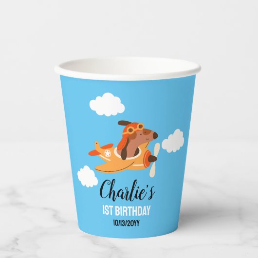 Gobelets En Papier Pilote de chien avion volant, Enfants mignons bleu (Recto)