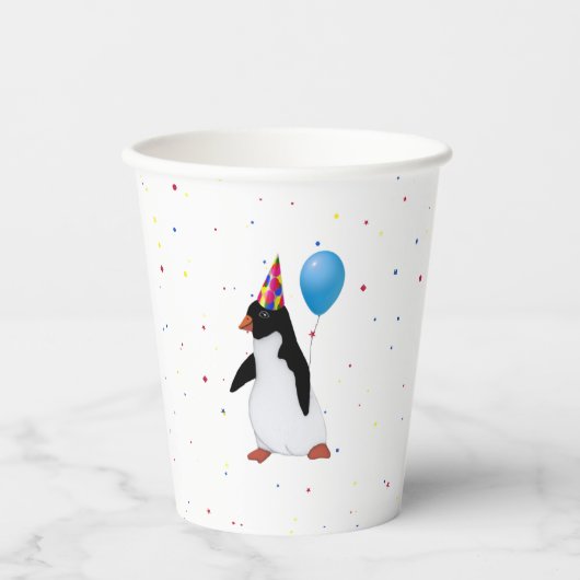 Gobelets En Papier Pingouin Avec Ballotte Bleue Anniversaire (Recto)