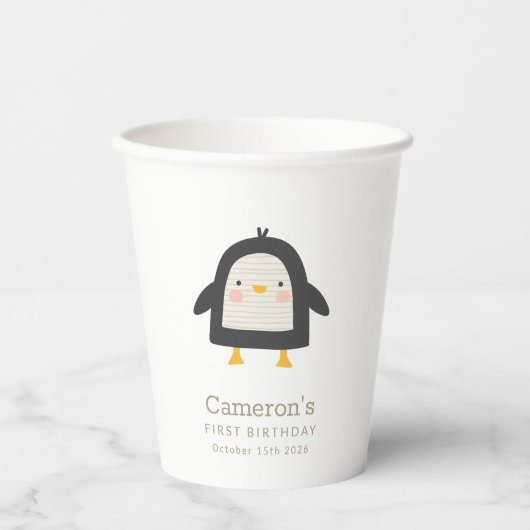 Gobelets En Papier Pingouin d'hiver Simple 1er anniversaire (Recto)