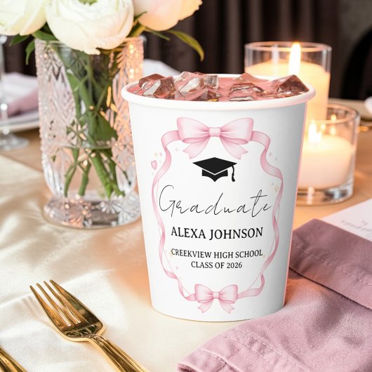 Gobelets En Papier Pink Bow Class Of 2026 Graduation Cap Graduate