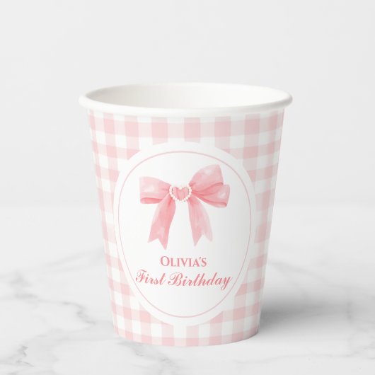 Gobelets En Papier Pink Bow preppy Coquette 1er anniversaire (Recto)