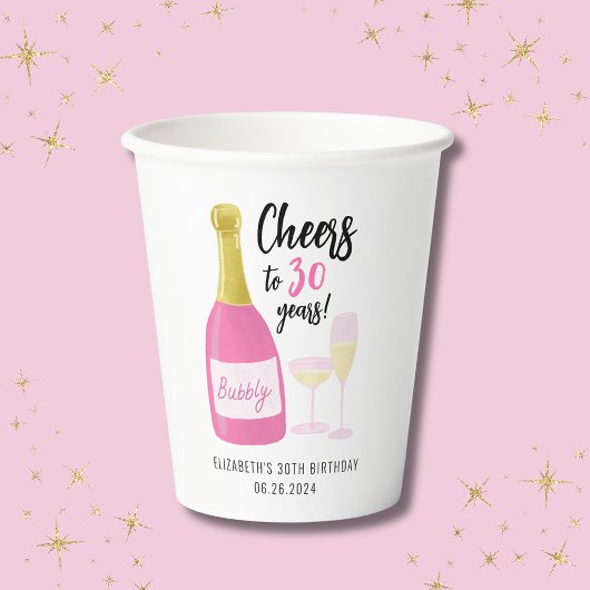 Gobelets En Papier Pink Cheers à 30 ans bubbly 30e anniversaire fête